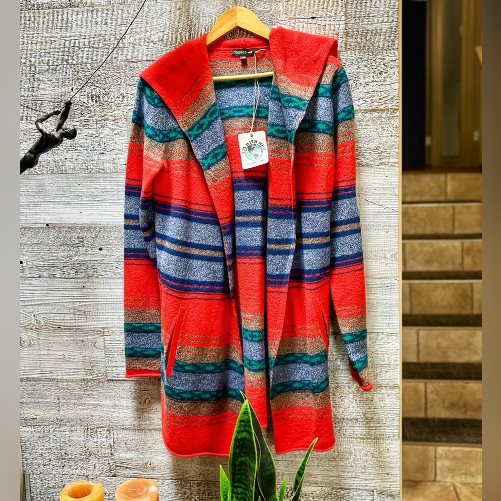 🏷 Toad & Co | NWT Merino Heartfelt Hoodie - Long Open Cardi - M, Striped